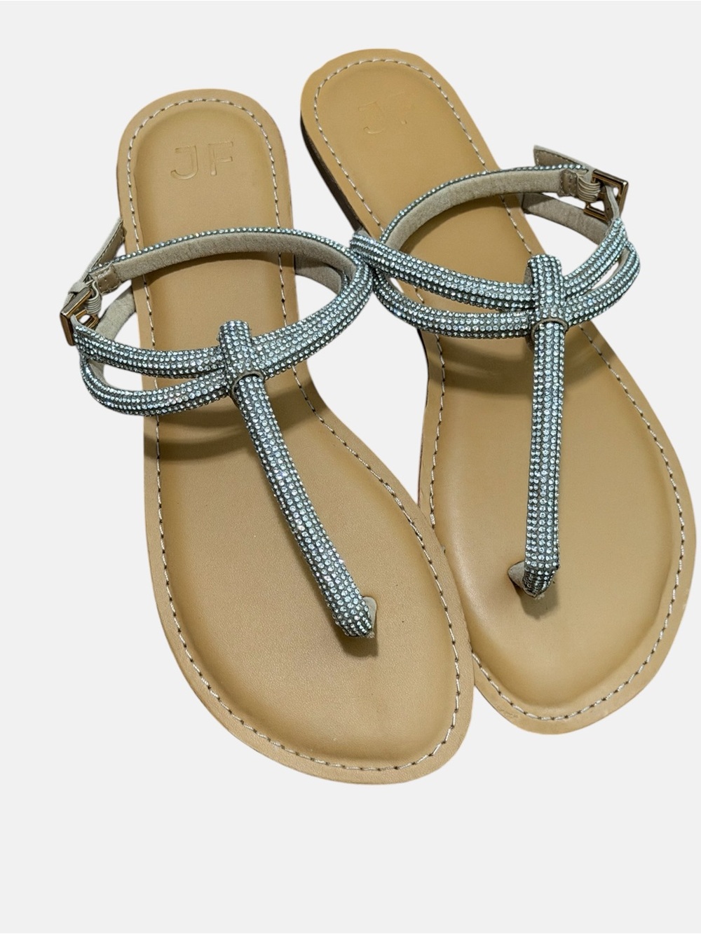 JustFab Silver Crystal Circle T-Strap Sandals - Picture 2 of 7